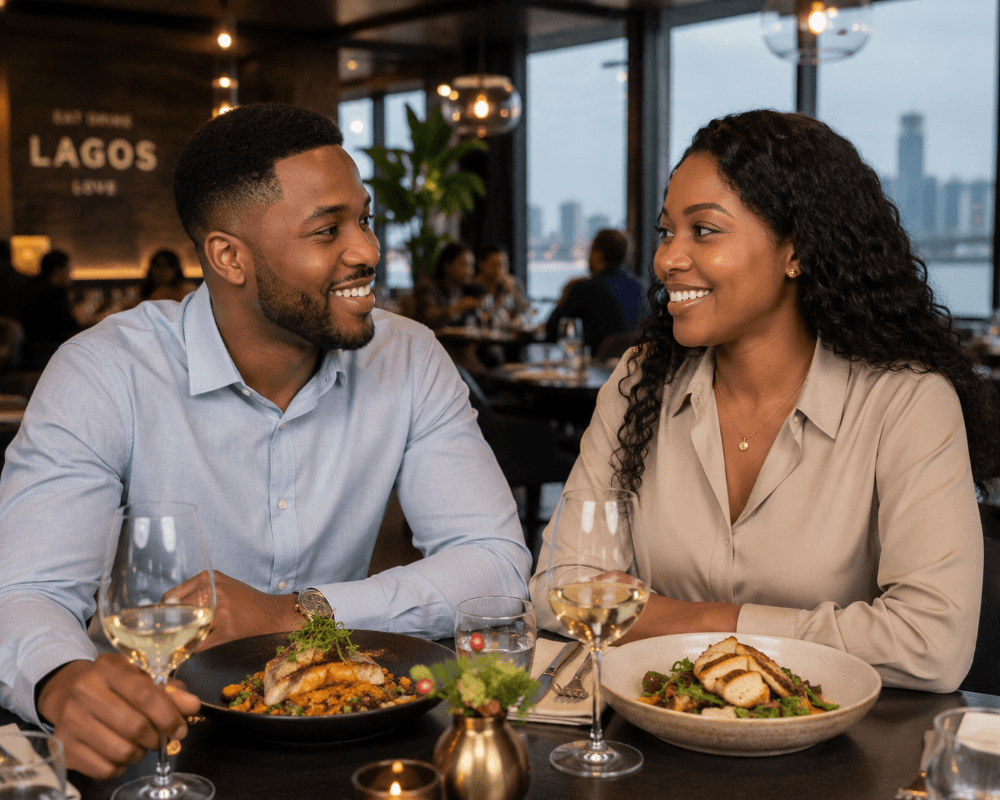 A couple enjoying a romantic lunch date at a restaurant in Lagos